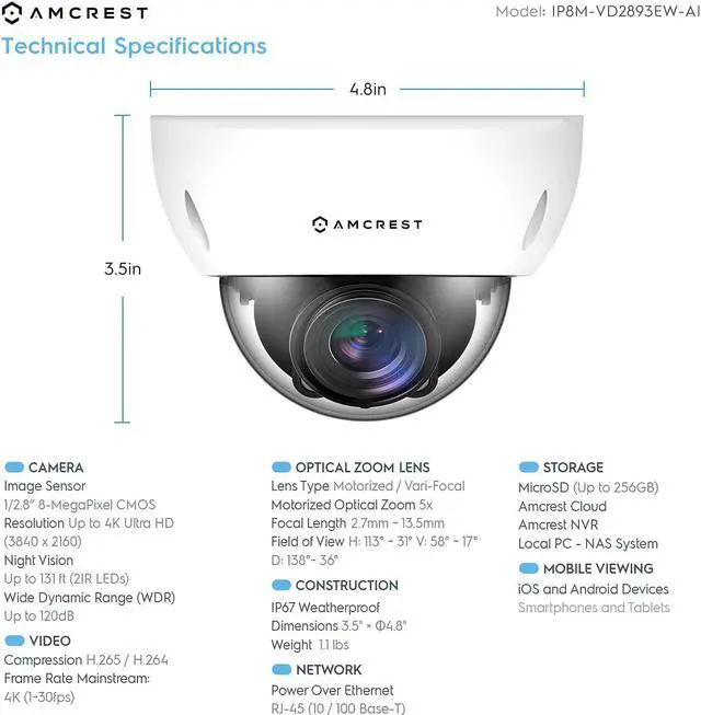Alt view image 3 of 7 - Amcrest 4K Optical Zoom AI POE Camera, Varifocal 8MP Outdoor POE IP Camera Dome, Face/Human/Vehicle Detection, 2.7mm~13.5mm Lens, IP67, 5X Optical Zoom, (IP8M-VD2893EW-AI)