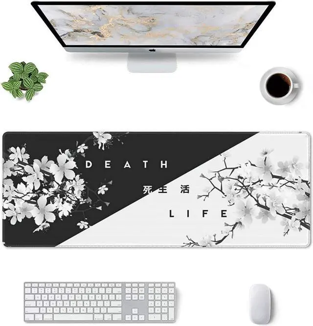 Alt view image 3 of 7 - Black And White Cherry Blossom Gaming Mouse Pad Xl, Extended Large Mouse Mat Desk Pad, Stitched Edges Mousepad, Long Non-Slip Rubber Base Mice Pad, 31.5 X 11.8 Inch
