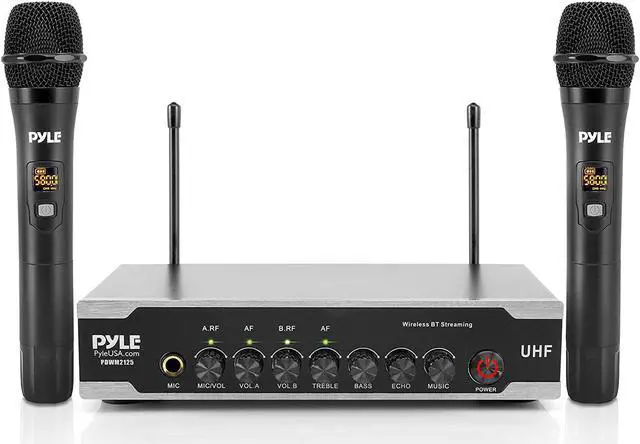 Main image of Portable Uhf Wireless Microphone System - Battery Operated Dual Bluetooth Cordless Microphone Set, Includes 2 Handheld Transmitter Mic, Receiver Base, Aux, Rca, For Pa Karaoke Dj Party - Pyle Pdwm2125