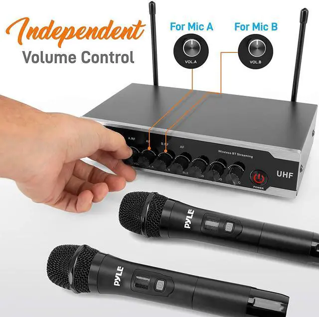 Alt view image 5 of 14 - Portable Uhf Wireless Microphone System - Battery Operated Dual Bluetooth Cordless Microphone Set, Includes 2 Handheld Transmitter Mic, Receiver Base, Aux, Rca, For Pa Karaoke Dj Party - Pyle Pdwm2125