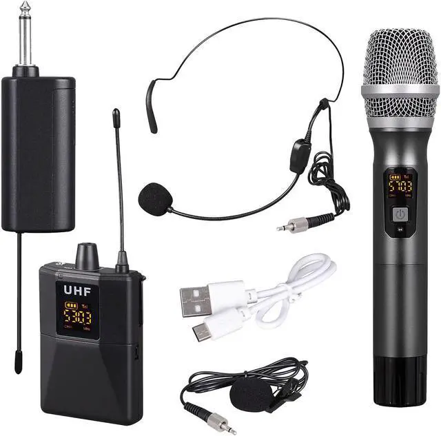 Main image of Uhf Wireless Microphone System Kit - Portable Cordless Microphone Set Wireless Mic - Headset, Lavalier, Handheld Mic, Beltpack Transmitter, Receiver - Karaoke, Conference - Pyle Pdwmu114