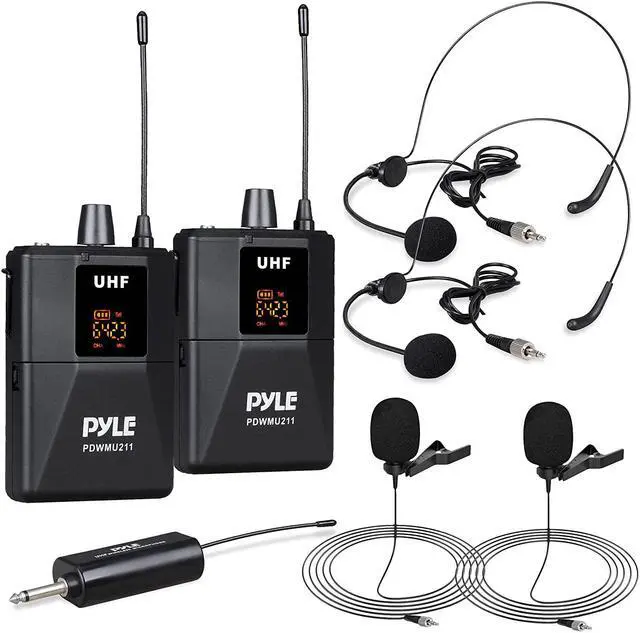 Main image of Dual Uhf Wireless Microphone System - Portable Cordless Microphone Set Wireless Mic Kit W/Headset Mic, Lavalier Mic, Beltpack Transmitter, Receiver - Karaoke & Conference - Pyle Pdwmu211