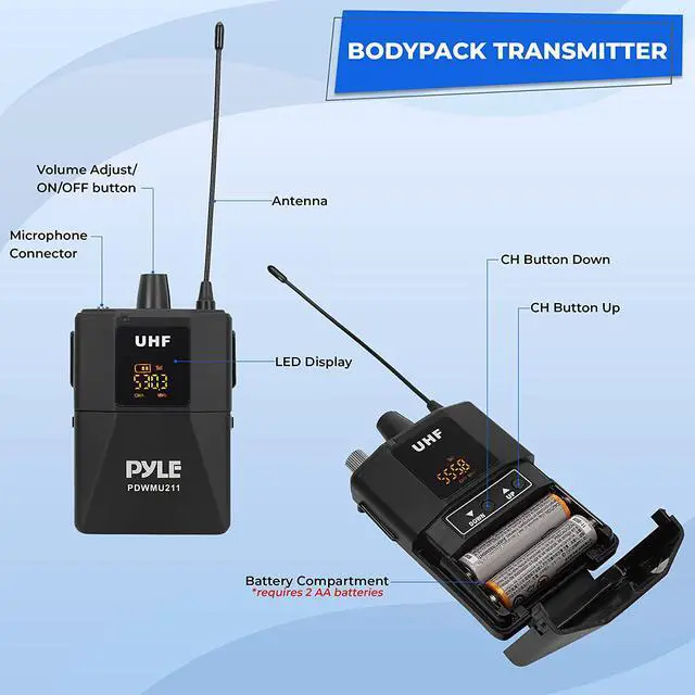 Alt view image 3 of 7 - Dual Uhf Wireless Microphone System - Portable Cordless Microphone Set Wireless Mic Kit W/Headset Mic, Lavalier Mic, Beltpack Transmitter, Receiver - Karaoke & Conference - Pyle Pdwmu211