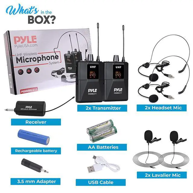 Alt view image 7 of 7 - Dual Uhf Wireless Microphone System - Portable Cordless Microphone Set Wireless Mic Kit W/Headset Mic, Lavalier Mic, Beltpack Transmitter, Receiver - Karaoke & Conference - Pyle Pdwmu211