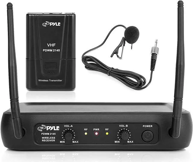 Main image of Pyle Dual Channel Wireless Microphone System - Vhf Fixed Dual Frequency Wireless Mic Receiver Set With 2 Lavalier, 2 Headset Mics, 2 Transmitter, Receiver - For Pa, Karaoke, Dj Party - Pyle Pdwm2145