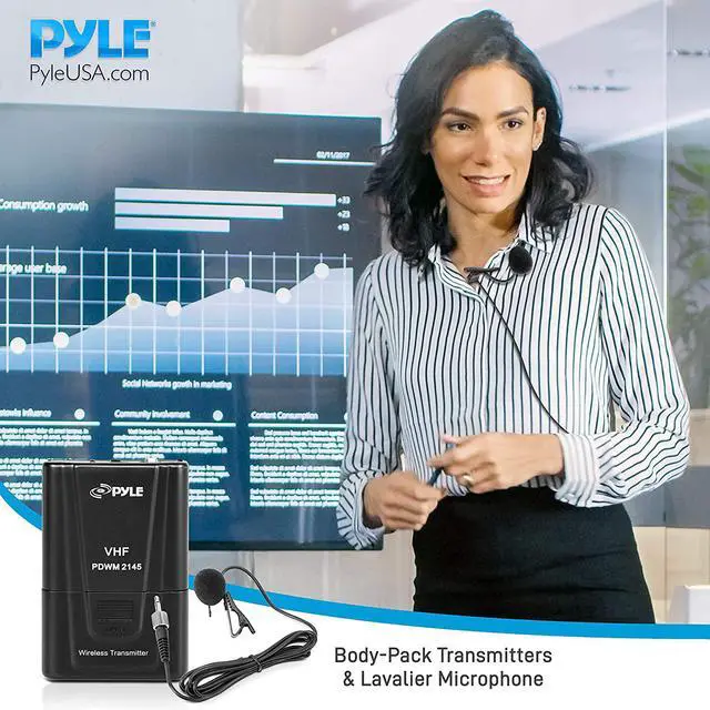 Alt view image 6 of 7 - Pyle Dual Channel Wireless Microphone System - Vhf Fixed Dual Frequency Wireless Mic Receiver Set With 2 Lavalier, 2 Headset Mics, 2 Transmitter, Receiver - For Pa, Karaoke, Dj Party - Pyle Pdwm2145