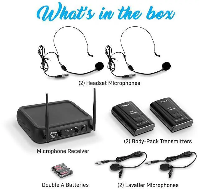 Alt view image 7 of 7 - Pyle Dual Channel Wireless Microphone System - Vhf Fixed Dual Frequency Wireless Mic Receiver Set With 2 Lavalier, 2 Headset Mics, 2 Transmitter, Receiver - For Pa, Karaoke, Dj Party - Pyle Pdwm2145
