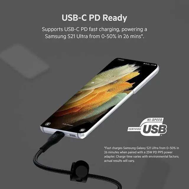 Alt view image 5 of 5 - Belkin BoostCharge Pro Flex Braided USB Type C to C Cable (3M/10FT), USB-IF Certified Power Delivery PD Fast Charging Cable for MacBook Pro, iPad Pro, Galaxy S21, Ultra, Plus and More - Black