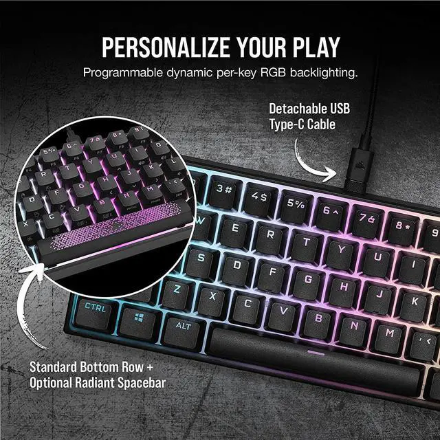Alt view image 6 of 11 - CORSAIR K65 RGB MINI 60% Mechanical Gaming Keyboard - Customizable Per-Key RGB Backlighting - CHERRY MX Red Mechanical Keyswitches - Detachable USB Type-C Cable - AXON Hyper-Processing Technology