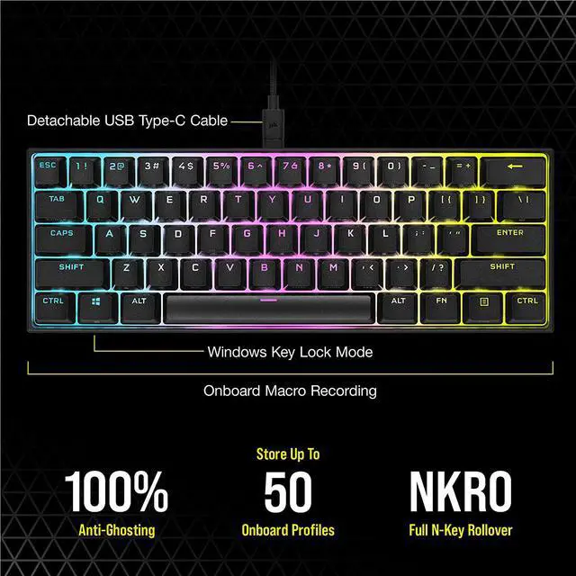 Alt view image 7 of 11 - CORSAIR K65 RGB MINI 60% Mechanical Gaming Keyboard - Customizable Per-Key RGB Backlighting - CHERRY MX Red Mechanical Keyswitches - Detachable USB Type-C Cable - AXON Hyper-Processing Technology