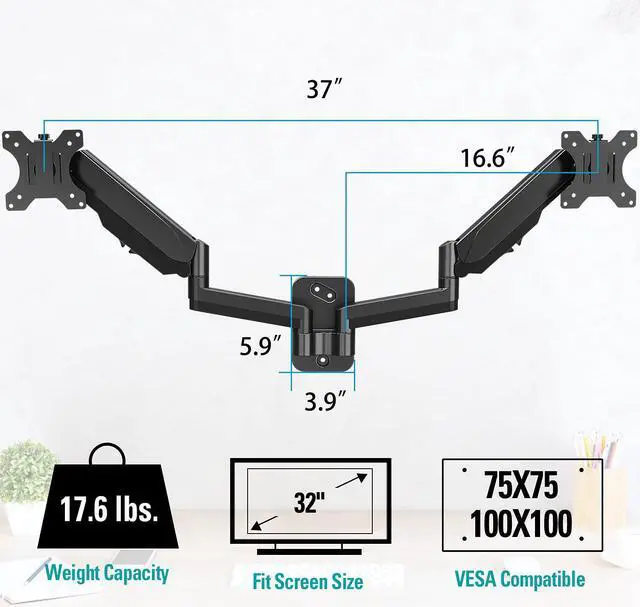 Alt view image 4 of 7 - Dual Monitor Wall Mount For 13 To 32 Inch Computer Screens, Gas Spring Wall Monitor Arm For 2 Monitors, Each Holds Up To 17.6Lbs, Full Motion Wall Monitor Mount With Vesa 75X75 100X100