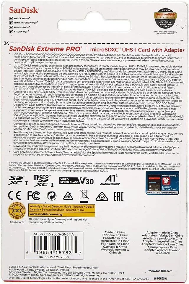 Alt view image 6 of 7 - SanDisk SDSQXCZ-256G-GN6MA DJT 256GB 8p MSDXC r170MB/s w90MB/s UHS-I U3 A2 V30 SanDisk Extreme Pro Micro Secure Digital Extended Capacity Card w/ Adapter