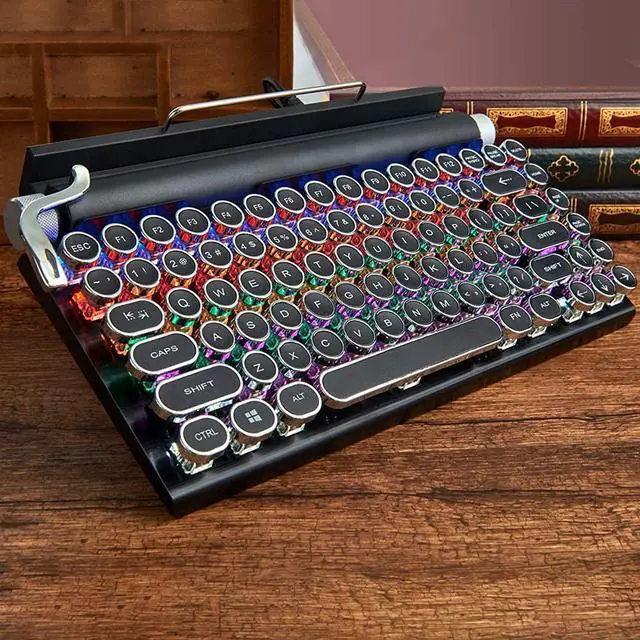 Alt view image 4 of 6 - Retro Typewriter Keyboard, 7Keys Electric Typewriter Vintage With Upgraded Mechanical Bluetooth 5.0, Multi Devices Connection Classical Wooden, Punk Round Keys For Desktop Pc Laptop Mac Phone