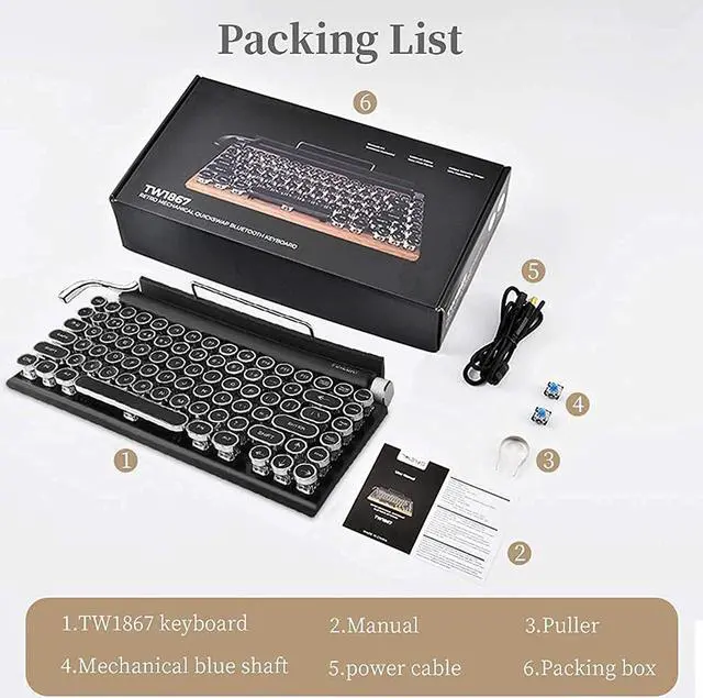 Alt view image 6 of 6 - Retro Typewriter Keyboard, 7Keys Electric Typewriter Vintage With Upgraded Mechanical Bluetooth 5.0, Multi Devices Connection Classical Wooden, Punk Round Keys For Desktop Pc Laptop Mac Phone
