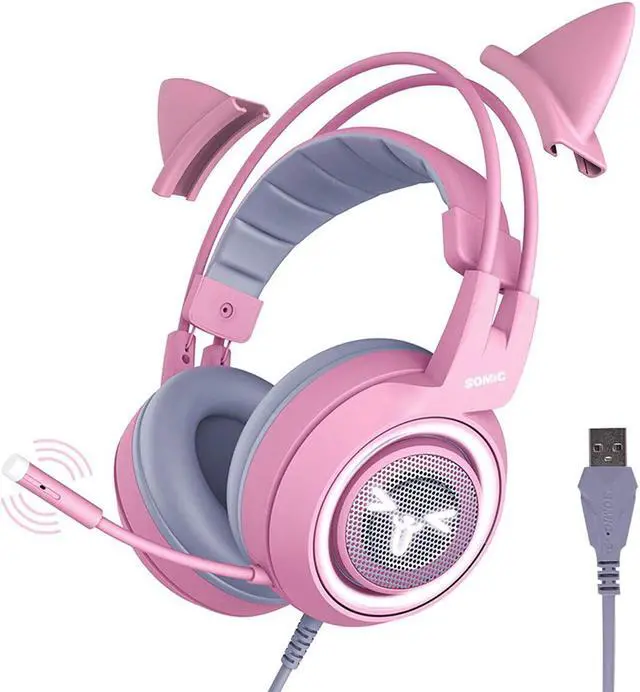 Alt view image 8 of 14 - SOMIC G951pink Gaming Headset For PC, PS4, Laptop: 7.1 Virtual Surround Sound Detachable Cat Ear Headphones LED, USB, Lightweight Self-adjusting Over-Ear Headphones For Girlfriend Women