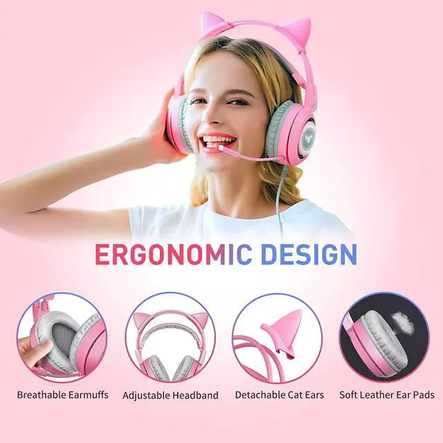 Alt view image 12 of 14 - SOMIC G951pink Gaming Headset For PC, PS4, Laptop: 7.1 Virtual Surround Sound Detachable Cat Ear Headphones LED, USB, Lightweight Self-adjusting Over-Ear Headphones For Girlfriend Women