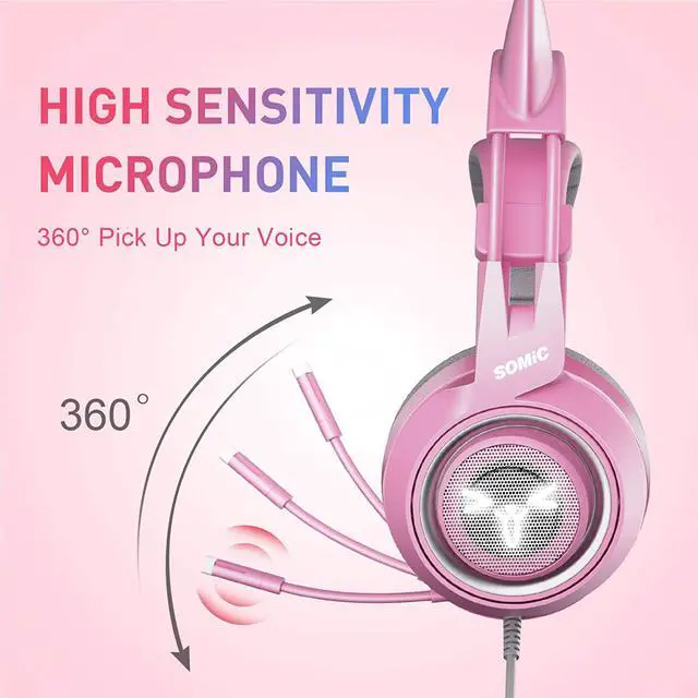 Alt view image 14 of 14 - SOMIC G951pink Gaming Headset For PC, PS4, Laptop: 7.1 Virtual Surround Sound Detachable Cat Ear Headphones LED, USB, Lightweight Self-adjusting Over-Ear Headphones For Girlfriend Women
