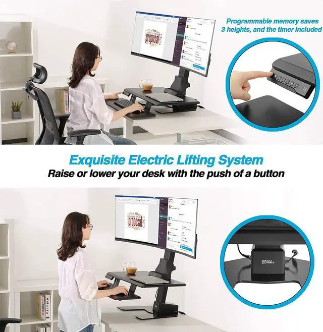 Alt view image 4 of 7 - Dual 32" Monitor Electric Standing Desk With Huge Keyboard Tray Extra Large 28"X 16" Spacious Tabletop Motorized Automatic Height Adjustable Sit To Stand Table Sturdy Small Footprint