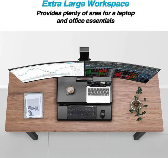 Alt view image 5 of 7 - Dual 32" Monitor Electric Standing Desk With Huge Keyboard Tray Extra Large 28"X 16" Spacious Tabletop Motorized Automatic Height Adjustable Sit To Stand Table Sturdy Small Footprint