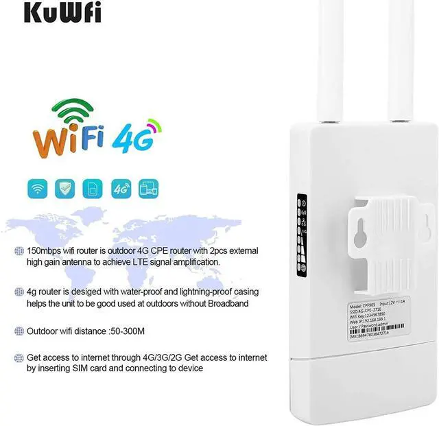 Alt view image 18 of 20 - KuWFi Waterproof Outdoor 4G LTE CPE SIM Card WiFi Router 150Mbps CAT4 SIM LTE Routers Work with IP Camera or Outside WiFi Coverage with 2pcs Antenna Only Work with SIM Card Mode