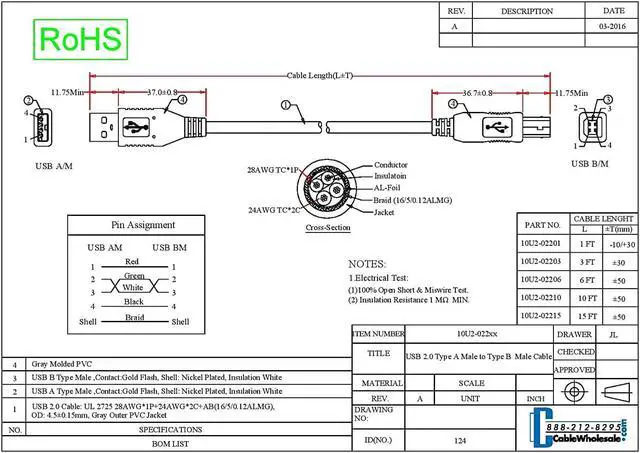 Alt view image 2 of 2 - 1 feet USB 2.0 Printer/Device Cable, Black, Type A Male/Type B Male Plug, A Male to B Male High Speed USB Cable, USB 2.0 to Type B Cable, Type B Printer Cable, CableWholesale