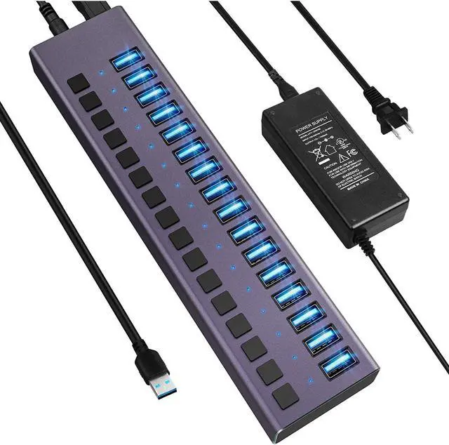 Main image of USB 3.0 Hub -16 Ports Powered USB Hub 90W USB Charging Hub with Individual On/Off Switches and 12V/7.5A Power Adapter and Lights for PC, Laptop, Computer, Mobile HDD, Flash Drive and MorePurple