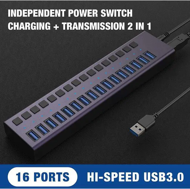 Alt view image 2 of 7 - USB 3.0 Hub -16 Ports Powered USB Hub 90W USB Charging Hub with Individual On/Off Switches and 12V/7.5A Power Adapter and Lights for PC, Laptop, Computer, Mobile HDD, Flash Drive and MorePurple
