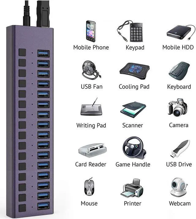 Alt view image 7 of 7 - USB 3.0 Hub -16 Ports Powered USB Hub 90W USB Charging Hub with Individual On/Off Switches and 12V/7.5A Power Adapter and Lights for PC, Laptop, Computer, Mobile HDD, Flash Drive and MorePurple