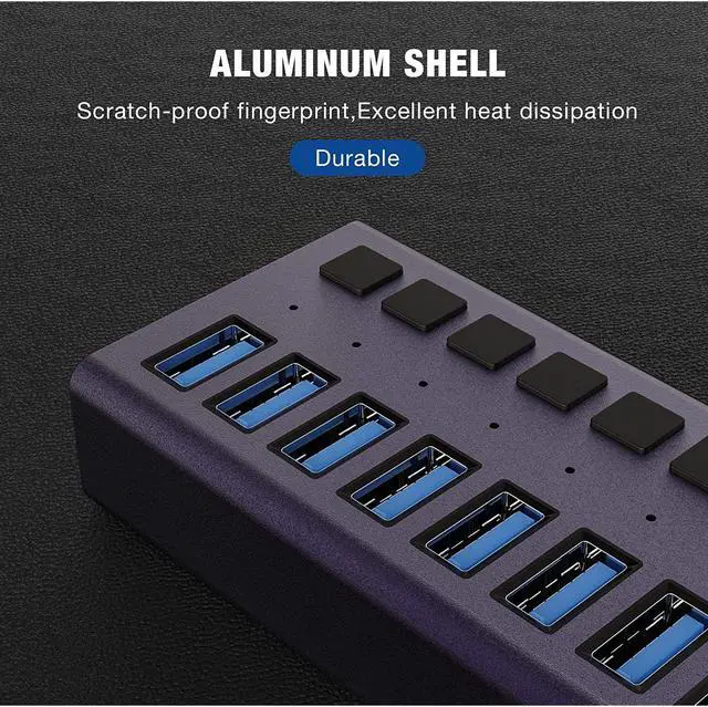 Alt view image 3 of 7 - USB 3.0 Hub -16 Ports Powered USB Hub 90W USB Charging Hub with Individual On/Off Switches and 12V/7.5A Power Adapter and Lights for PC, Laptop, Computer, Mobile HDD, Flash Drive and MorePurple