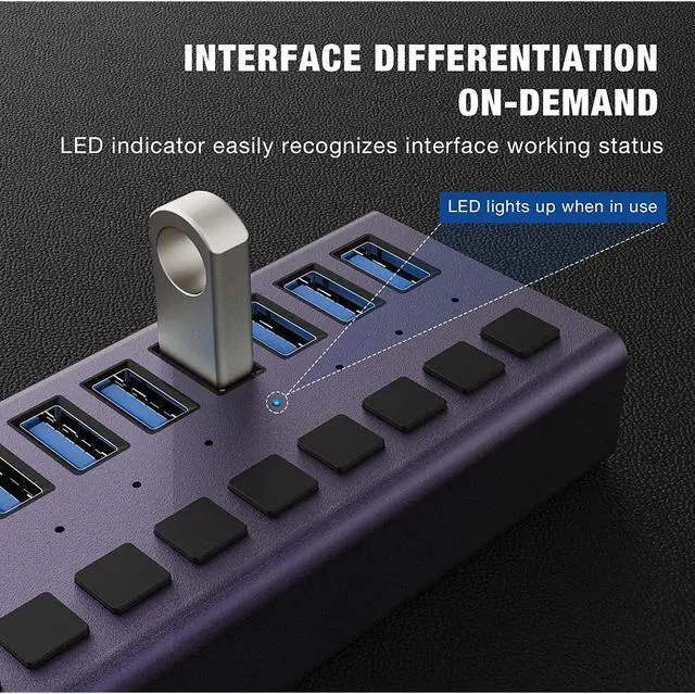 Alt view image 4 of 7 - USB 3.0 Hub -16 Ports Powered USB Hub 90W USB Charging Hub with Individual On/Off Switches and 12V/7.5A Power Adapter and Lights for PC, Laptop, Computer, Mobile HDD, Flash Drive and MorePurple