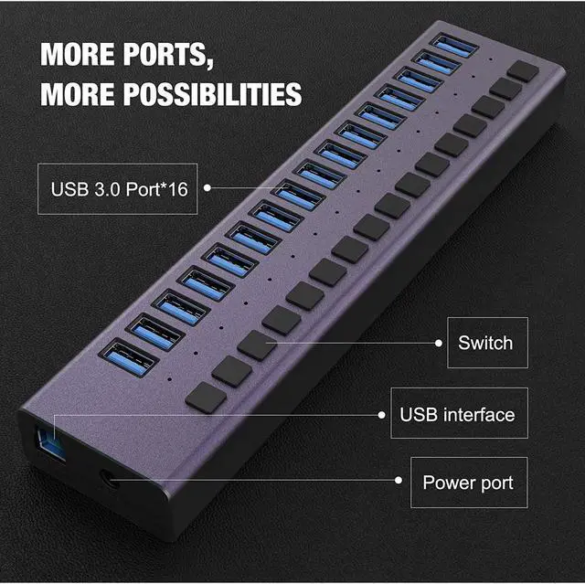 Alt view image 5 of 7 - USB 3.0 Hub -16 Ports Powered USB Hub 90W USB Charging Hub with Individual On/Off Switches and 12V/7.5A Power Adapter and Lights for PC, Laptop, Computer, Mobile HDD, Flash Drive and MorePurple