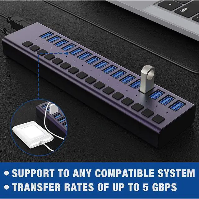 Alt view image 6 of 7 - USB 3.0 Hub -16 Ports Powered USB Hub 90W USB Charging Hub with Individual On/Off Switches and 12V/7.5A Power Adapter and Lights for PC, Laptop, Computer, Mobile HDD, Flash Drive and MorePurple