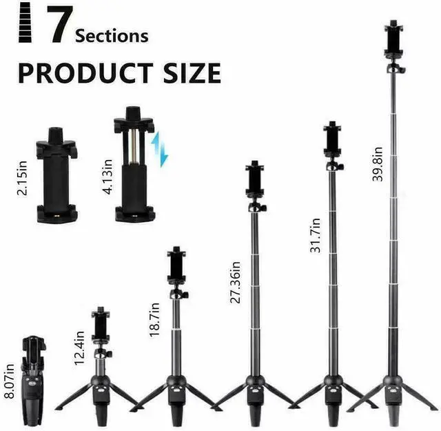 Alt view image 4 of 7 - Selfie Stick Tripod 40" Bluetooth Remote Portable for iPhone and Android Phones