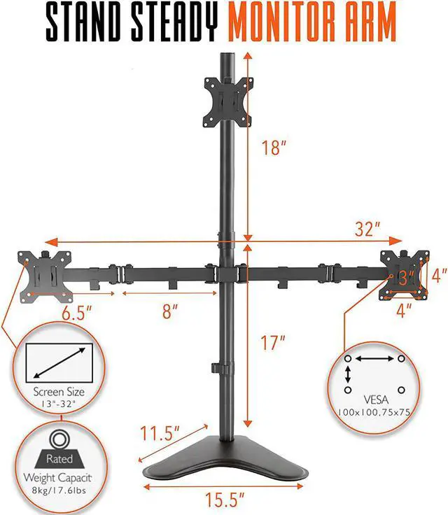 Alt view image 6 of 7 - Stand Steady Freestanding 3 Monitor Mount Desk Stand | Height Adjustable Triple Monitor Stand with Full Articulation VESA Mounts | Fits Most LCD/LED Monitors 13-32 Inches | Easy Set-Up 3 Monitor Arm