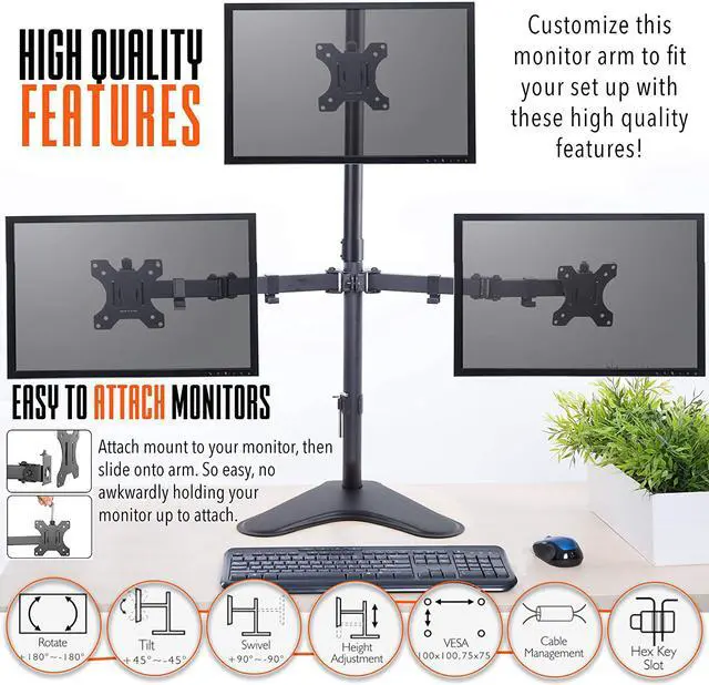 Alt view image 3 of 7 - Stand Steady Freestanding 3 Monitor Mount Desk Stand | Height Adjustable Triple Monitor Stand with Full Articulation VESA Mounts | Fits Most LCD/LED Monitors 13-32 Inches | Easy Set-Up 3 Monitor Arm
