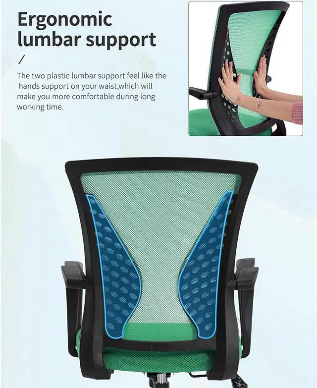 Alt view image 6 of 7 - 8Am Office Home Office Chair Mid Back Pc Swivel Lumbar Support Adjustable Desk Task Computer Ergonomic Comfortable Mesh Chair With Armrest (Green)