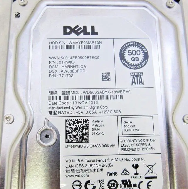 Alt view image 2 of 3 - Dell 1KWKJ 01KWKJ WD5003ABYX-18WERA0 500GB 3.5" SATA Hard Drive R-Series II3