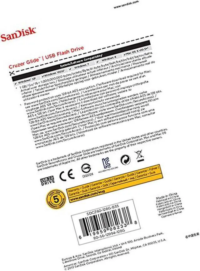 Alt view image 4 of 5 - SanDisk Cruzer Glide CZ60 128GB USB 2.0 Flash Drive- SDCZ60-128G-B35