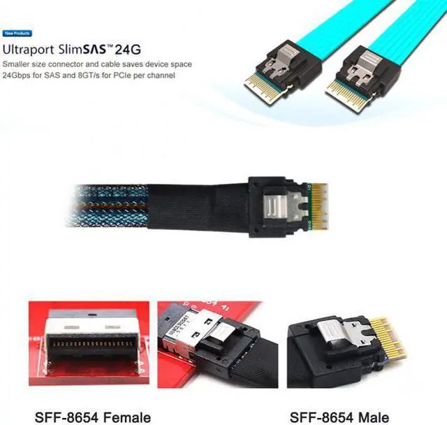 Alt view image 4 of 7 - Cablecc PCI-E Slimline SAS 4.0 SFF-8654 4i 38pin Host to SFF-8654 Slim SAS Target Cable 50cm
