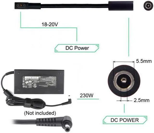Alt view image 4 of 7 - KAIBOXIXI DC Jack 5.5*2.5mm Input to 3Pin Power Plug Cable Compatible for Laptop Blade Pro 17 and Blade 15 Model Support 230W/160W Charge Adapter