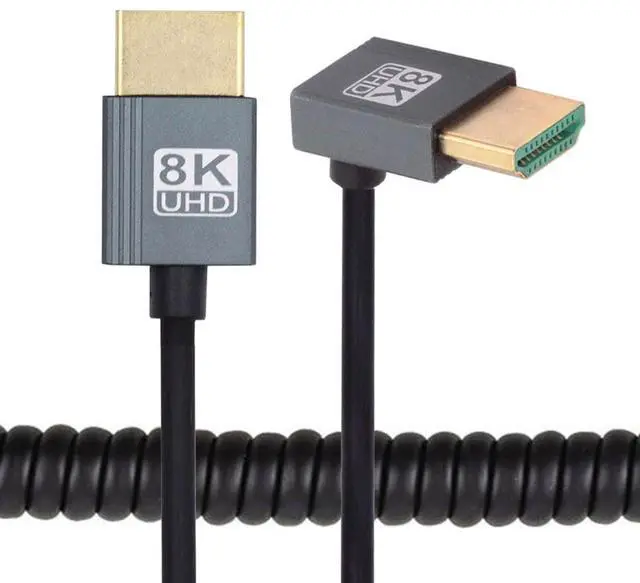 Main image of Cablecc HDMI 2.1 Male to HDMI Male 8K 60hz Stretch Coiled Cable Down Angled 90 Degree for HDTV Computer Laptop Monitor