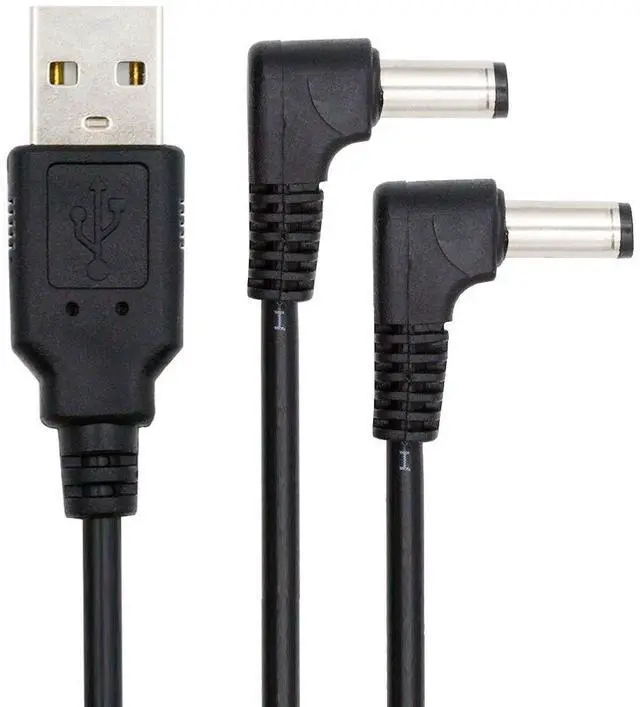 Main image of Xiwai USB Type-A Male to Dual 5.5x2.1mm DC 5V Power Plug Splitter Right Angled 90 Degree Connector Charge Cable