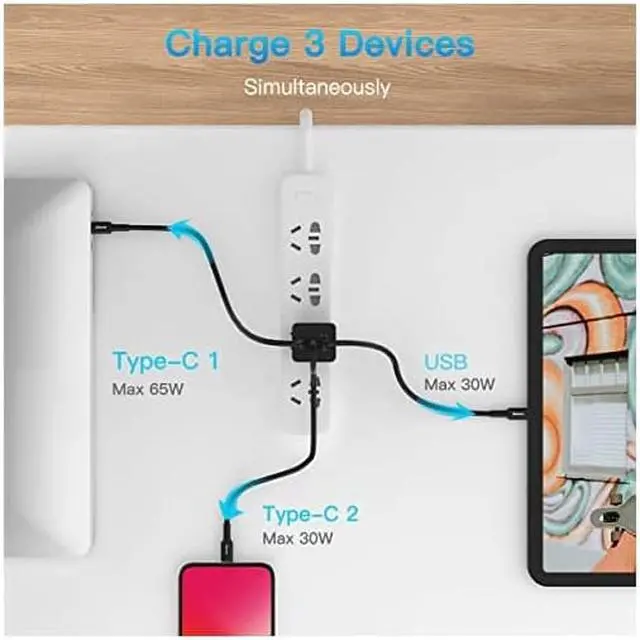 Alt view image 3 of 7 - USB C Charger  65W 3 Port PD 30 GaN Tech Type C Fast Charger Adapter Power Delivery Foldable Adapter USB Wall Charger for MacBook USB C Laptops iPad Pro iPhone Galaxy Pixel and More