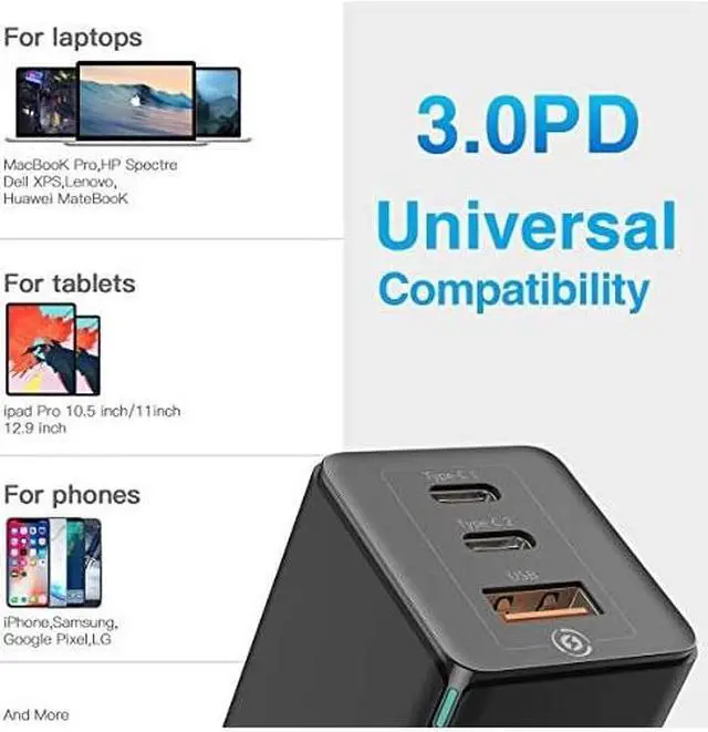 Alt view image 5 of 7 - USB C Charger  65W 3 Port PD 30 GaN Tech Type C Fast Charger Adapter Power Delivery Foldable Adapter USB Wall Charger for MacBook USB C Laptops iPad Pro iPhone Galaxy Pixel and More