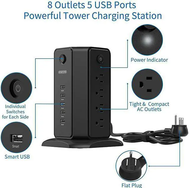 Alt view image 2 of 7 - Strip Tower NTONSurge Protector Flat Plug with Individual Switches 8 Outlets and 5 USB Desktop Charging Station 6ft Heavy Duty Extension Cord Circuit Breaker for Home Office Dorm Room