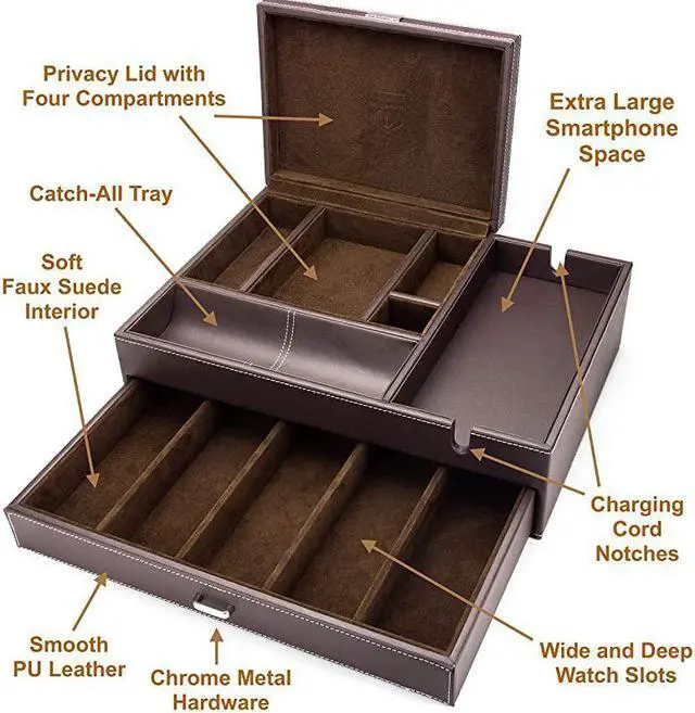 Alt view image 2 of 6 - Admiral Big Dresser Valet Box amp Mens Jewelry Box Organizer with Large Smartphone Charging Station Dark Brown