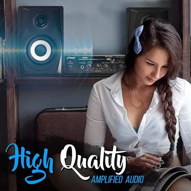 Alt view image 6 of 7 - Bluetooth Mini Blue Series Home Audio Amplifier Compact Desktop Home Theater Stereo Amplifier Receiver with USB Charge Port | Pager Mixer Karaoke Modes | Mic Input 40 Watt x 2 |  PTA22BT 2X2X2