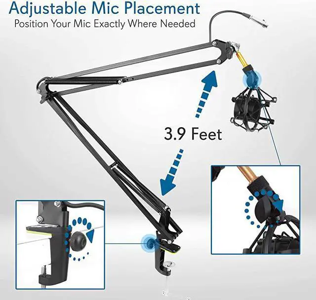 Alt view image 2 of 7 - Suspension Microphone Boom Stand Pro Desktop Scissor Mic Stand Spring Arm w Shock Mount Adjustable and Extendable Arm Angle and Tilt Positioning Universal Table Clamp Mount Style PMKSH04