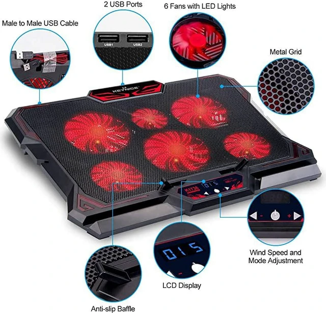 Alt view image 4 of 7 - Laptop Cooling, 12-17 inch Laptop Cooling Pad, Laptop Cooler with 6 Quiet Fans, Dual USB Port, 5 Wind Speed Adjustable, Red LED Light, Gaming Cooling Fan for Laptop, Portable Notebook Cooler