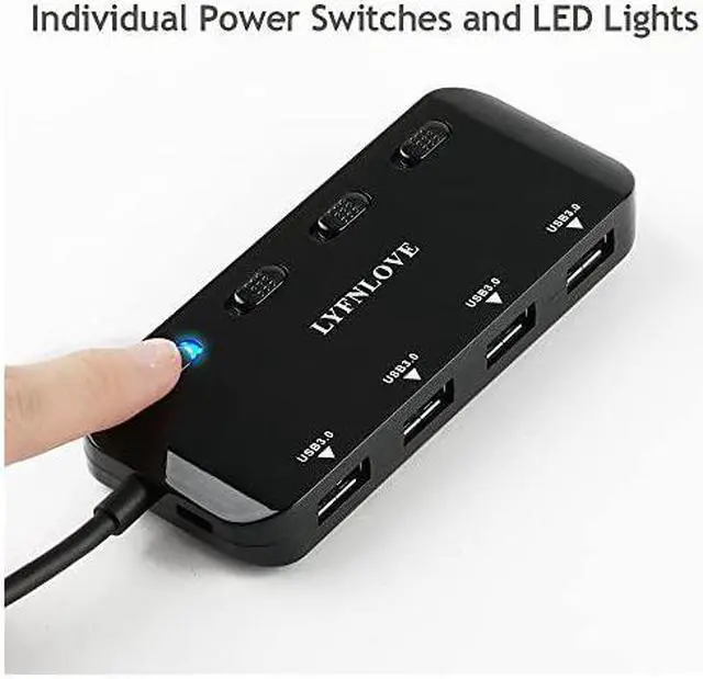 Alt view image 3 of 6 - Ultra Slim USB 3 Hub 4Ports USB 30 Splitter HighSpeed USB Data Hub with Individual OnOff Power Switches for Laptop Computer PC Thumb Driver and More
